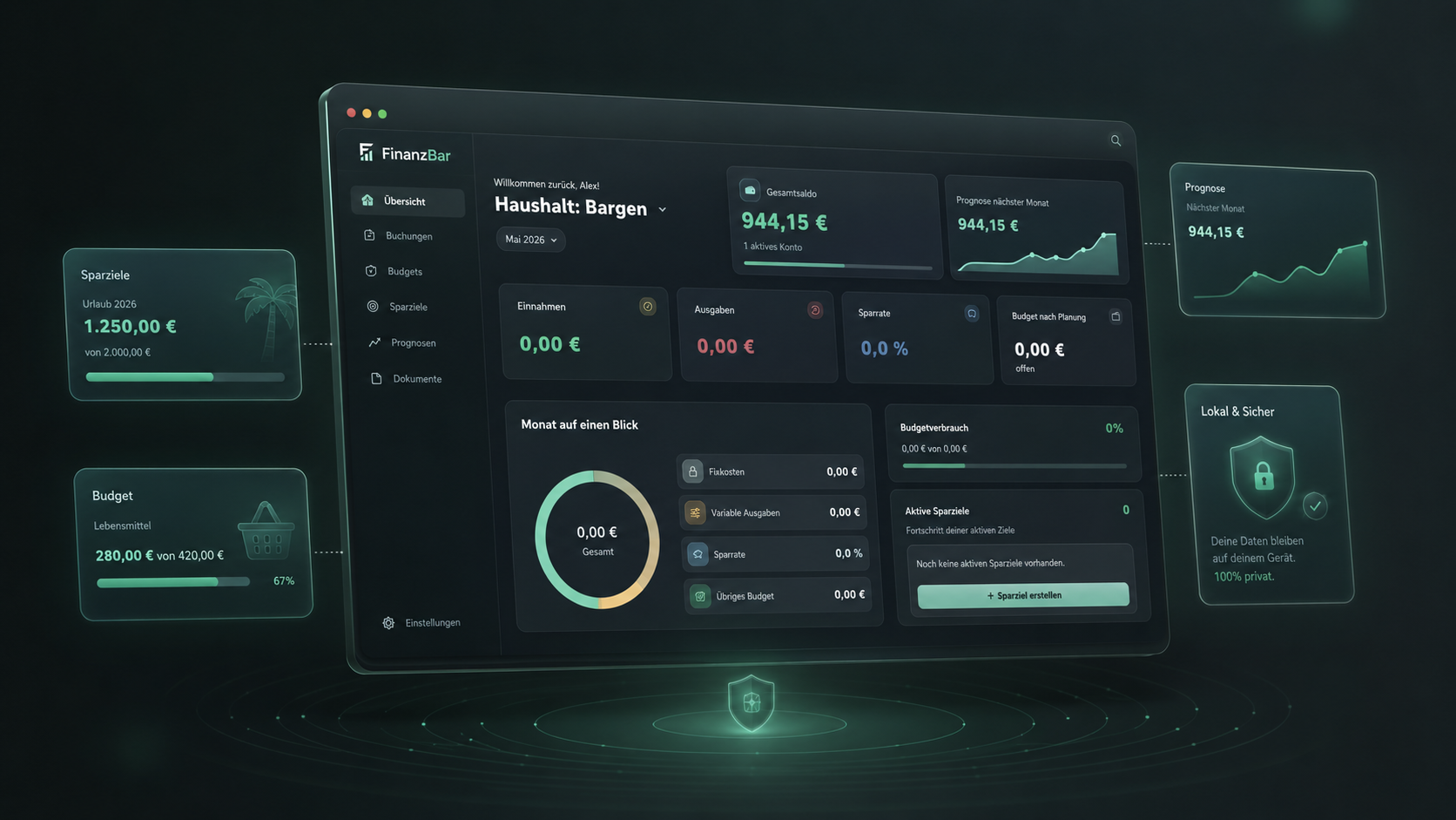 FinanzBar desktop finance dashboard hero visual