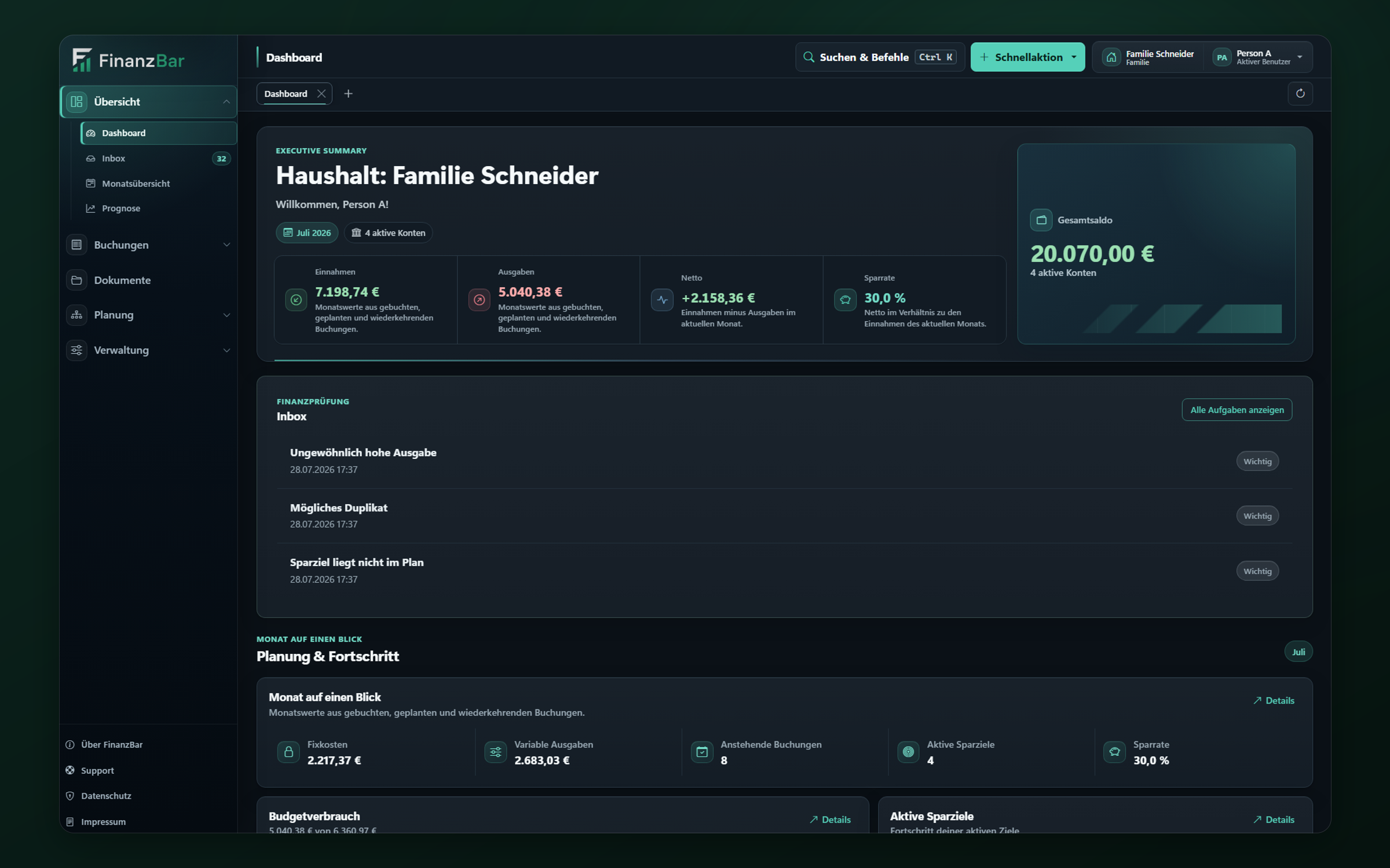 FinanzBar Desktop-App mit Dashboard, Monatsbudget, Konten und Finanzübersicht