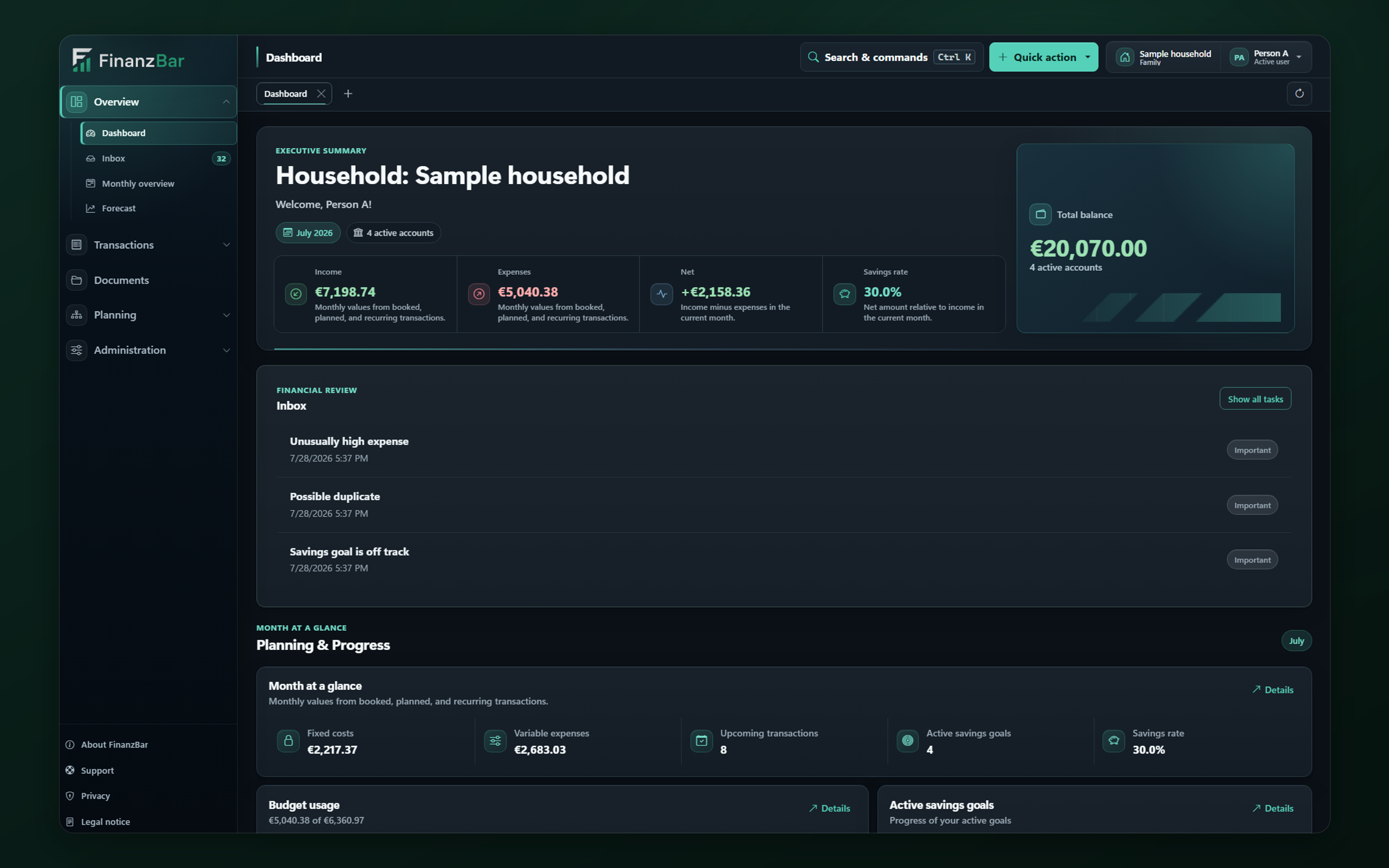 FinanzBar desktop app showing dashboard, monthly budget, accounts and financial overview